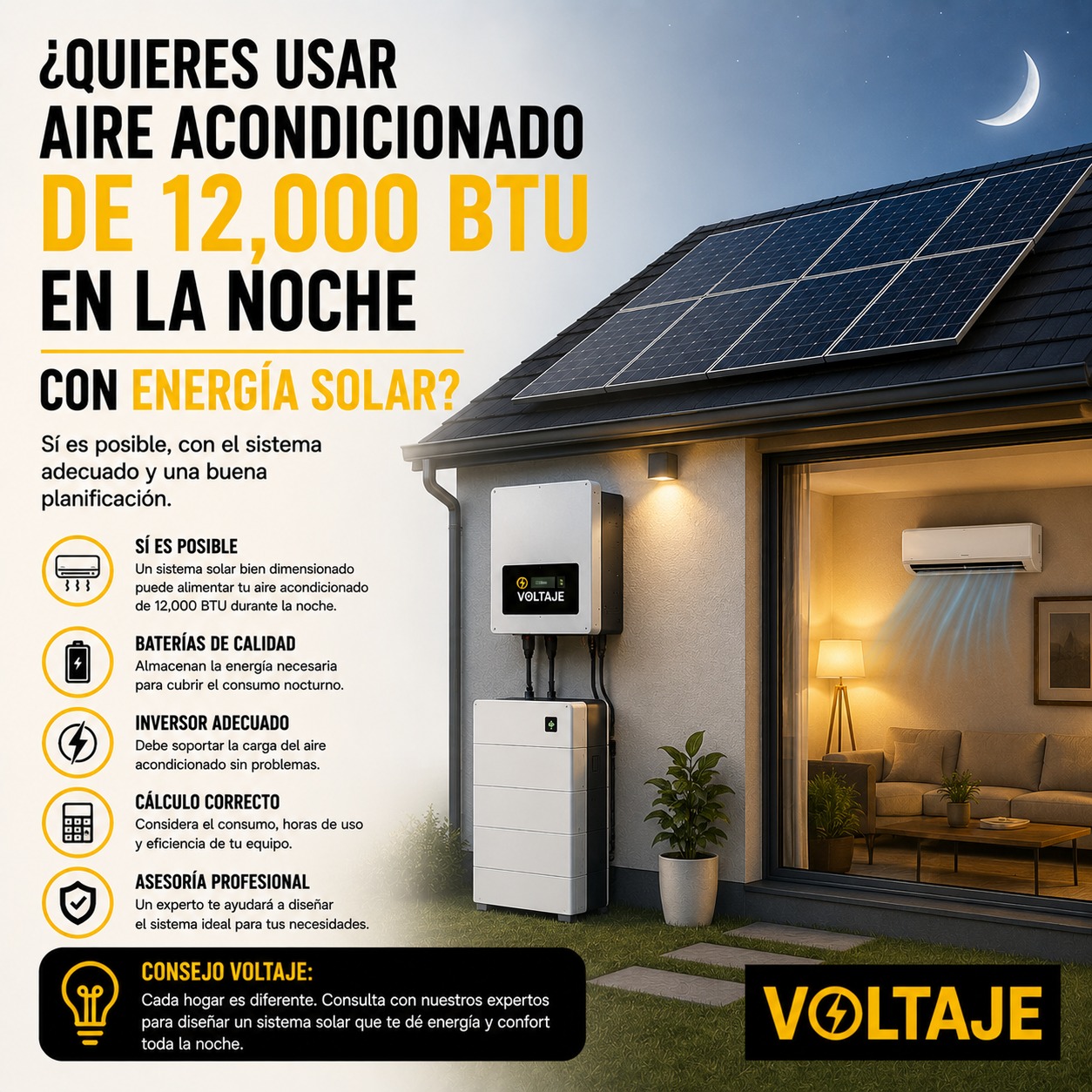 Sistema solar para aire acondicionado de 12,000 BTU durante la noche